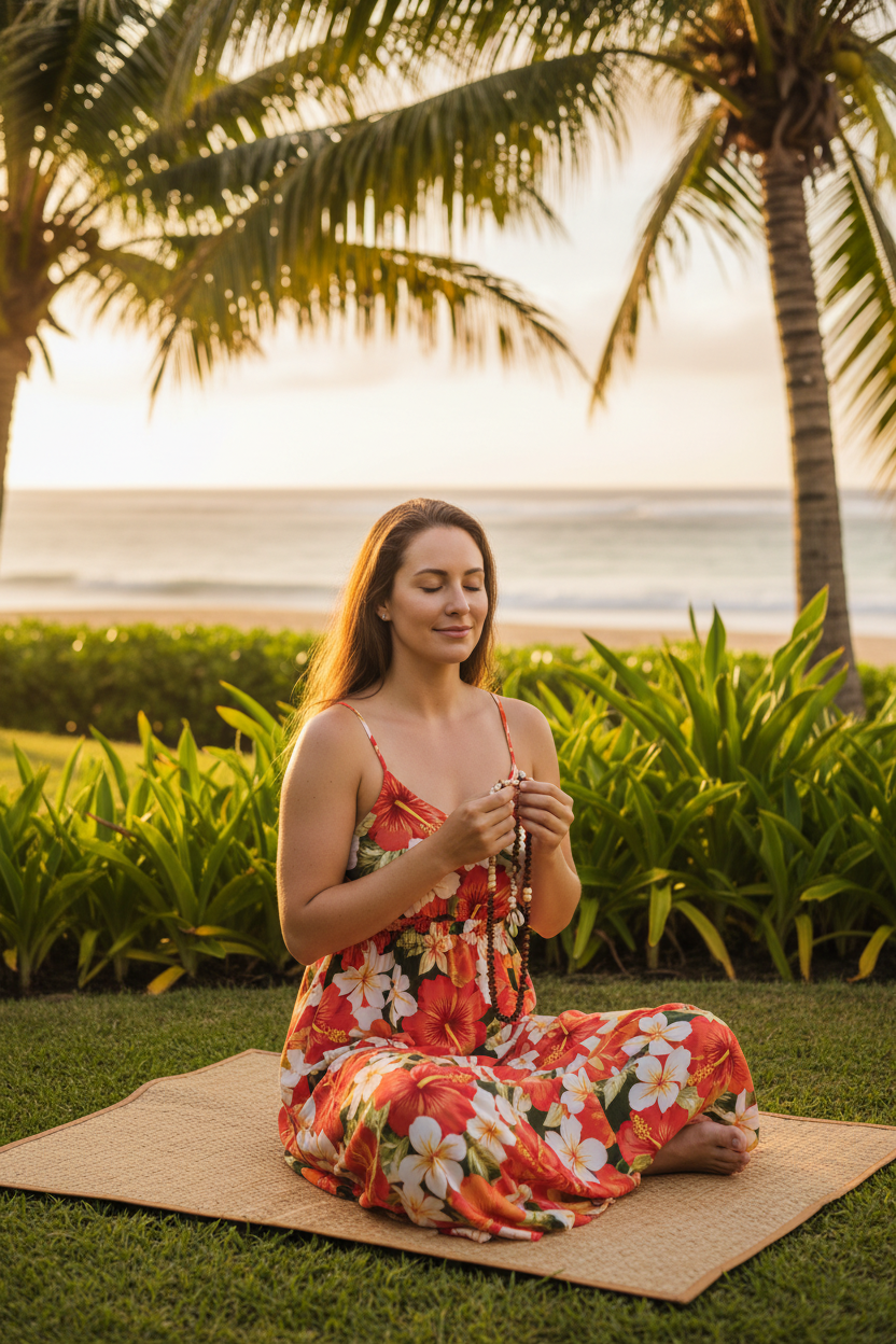 Premium Ho'oponopono beads mala. A woman sits cross-legged on a woven mat on a grassy lawn, wearing a vibrant red and orange floral jumpsuit with white flowers. She is holding a rosary outdoors, with lush green tropical plants and palm trees in the background, and the ocean visible under a warm sunset sky., woman practice ho'oponopono preayer.