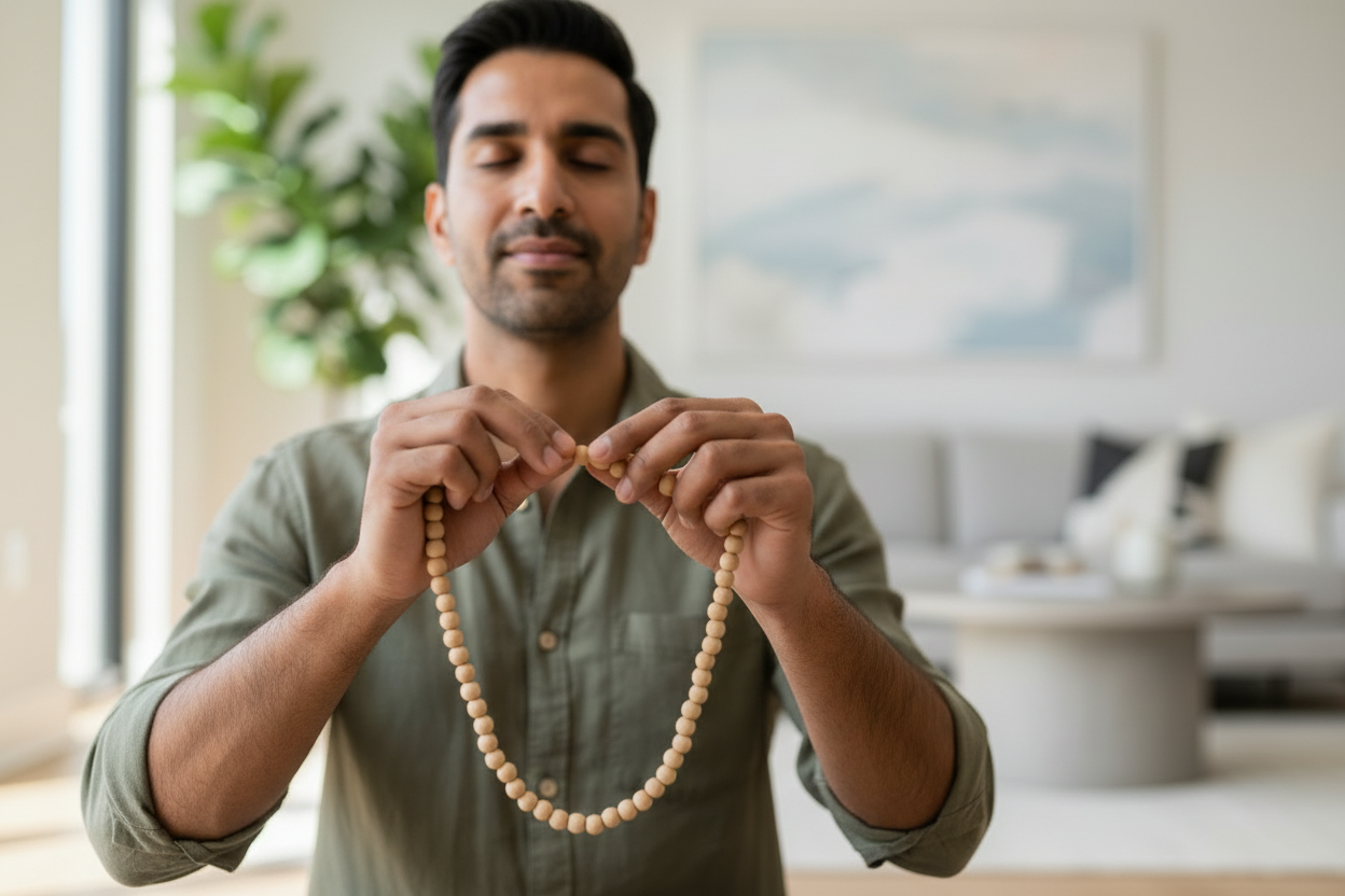 A man in a sage green button-up shirt holds a strand of light natural wood prayer beads in front of his face, with a softly blurred living room background. Premium Ho'oponopono healing sandalwood beads mala for inner peace and mindul living.